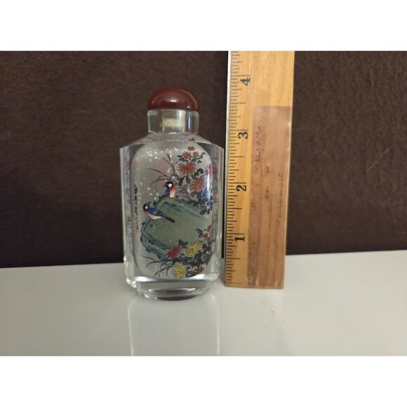 Vtg Chinese Reverse Painted Snuff Bottle Stopper Birds Flowers Cherry Blossoms - Picture 12 of 15